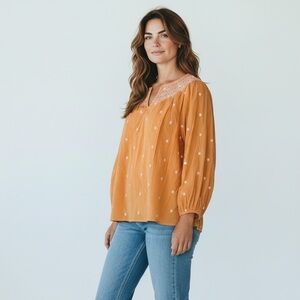 Talbots Cotton Orange Boho Blouse with White Embellishments and Embroidering‎ L